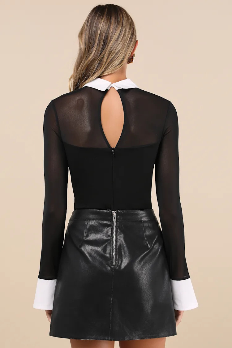 Confident Essence Black and White Mesh Long Sleeve Bodysuit | Lulus