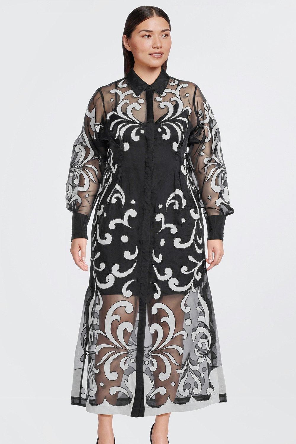 Plus Size Applique Organdie Woven Midi Shirt Dress | Karen Millen UK + IE + DE + NL
