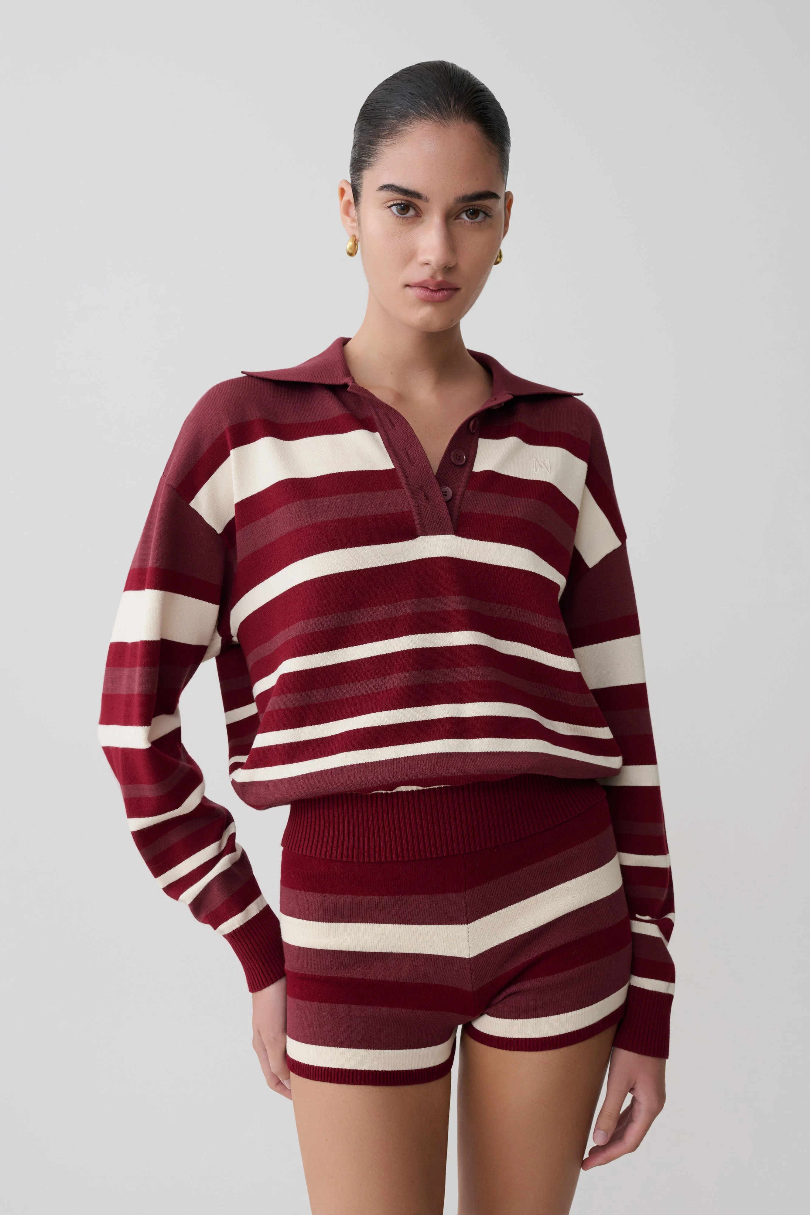 Stripe Long Sleeve Knit Jumper - Burgundy/Cream | MESHKI US