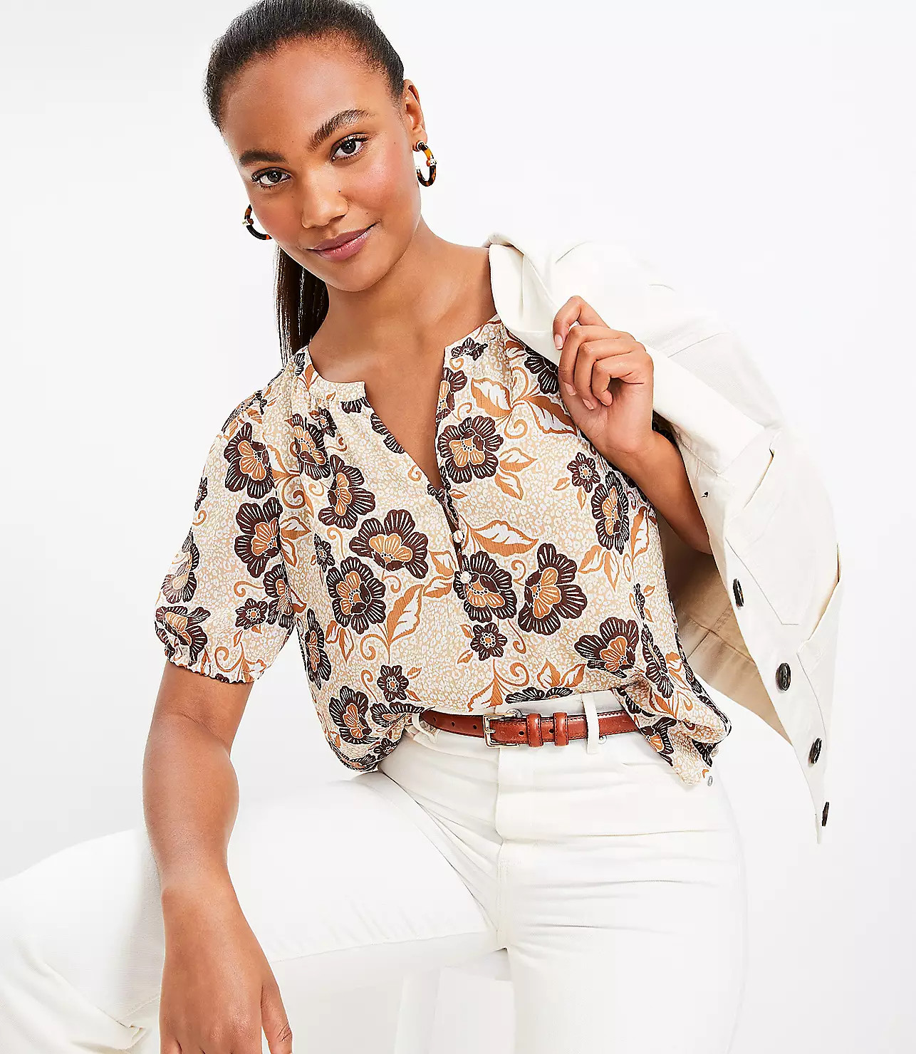 Cheetah Print Puff Sleeve Henley Blouse | LOFT