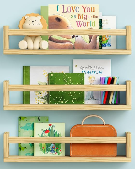 Floating Nursery Book Shelves for Wall, Natural Wood Wall Bookshelf for Kids Room Bedroom, Small ... | Amazon (US)