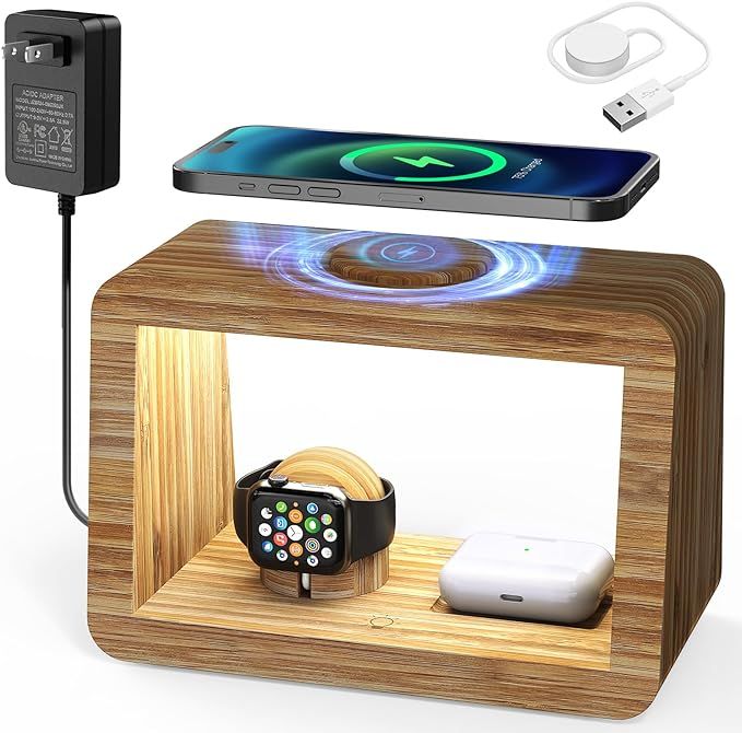 Bamboo Wireless Charging Station: 3-in-1 Wireless Charger with Night Lights - Fast Charging Stand... | Amazon (US)