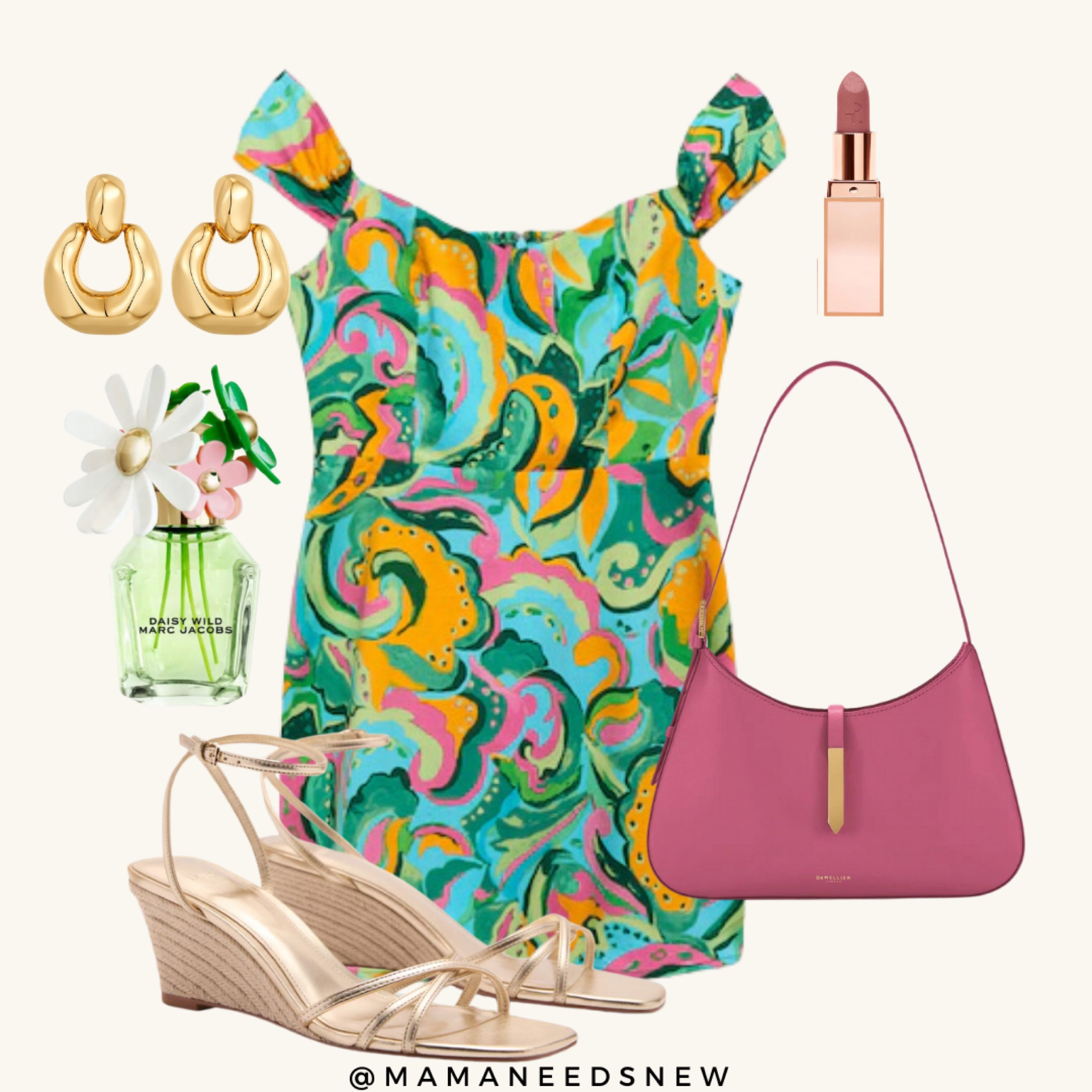 A summer outfit featuring a cute printed dress, gold wedge sandals and a pink shoulder bag currently on sale 🩷

#LTKSummerSales #LTKSaleAlert #LTKItBag