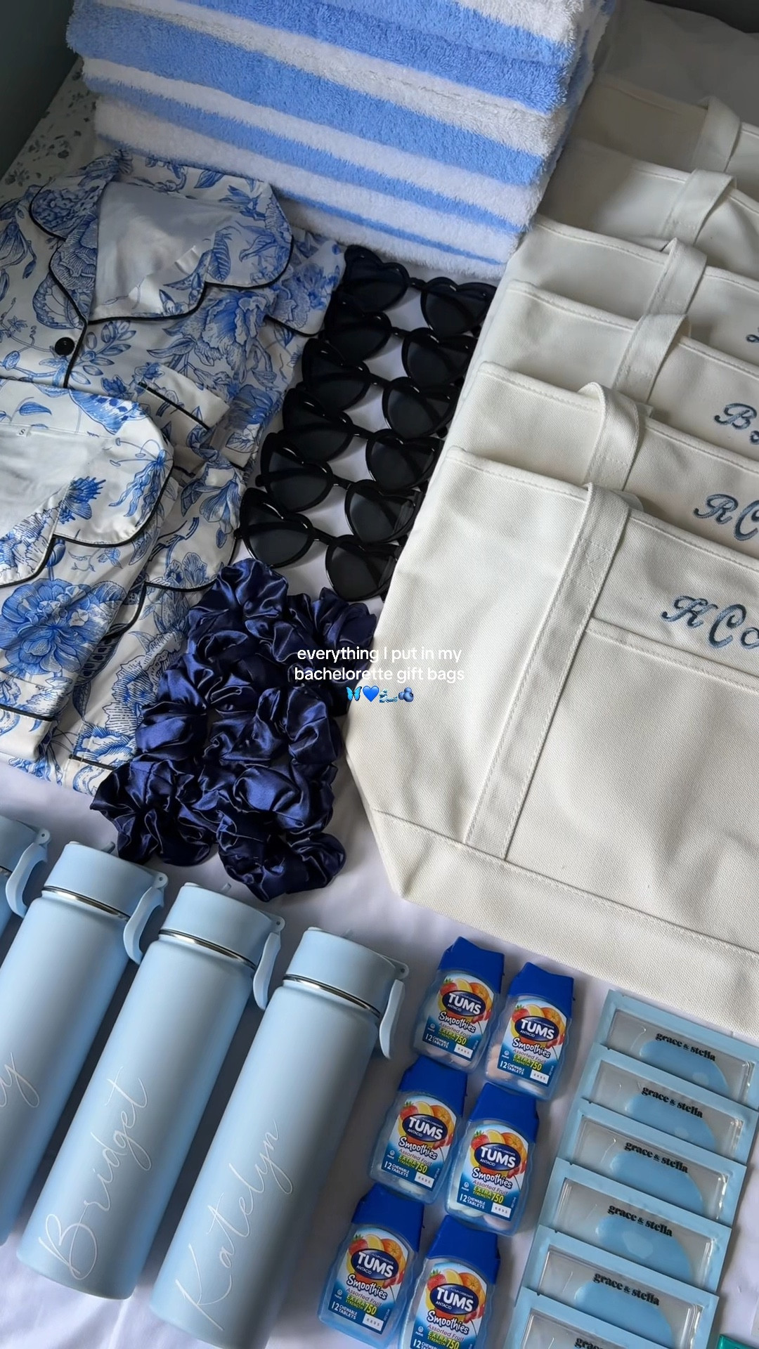 Everything I put in my bachelorette goodie bags- the girls absolutely adored them and so did I! 🤍

- face washing headband & wrist scrunchie, floral pjs, & makeup bags all from TikTok shop 