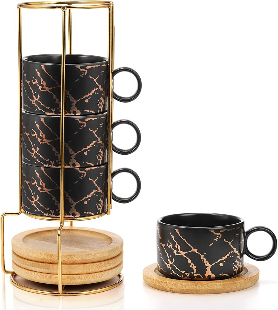 Peohud Set of 4 Espresso Cup with Metal Stand, 6 Ounce Stackable Cappuccino Cups with Saucers, Po... | Amazon (US)