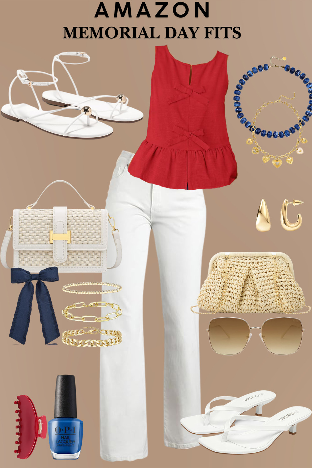 Amazon Memorial Day fits 🇺🇸🤍❤️💙 

Memorial Day weekend is basically here and I put together the most elevated patriotic look completely from Amazon and every single piece is under $50!!

Here's everything in this collage:
❤️ Red bow detail peplum linen top
🤍 White high waisted wide leg jeans
🤍 White strappy flat sandals — ball detail
🤍 White kitten heel flip flop sandals
🤍 White woven structured crossbody bag — gold hardware
🤍 Natural crochet raffia clutch — chain strap
💙 Blue beaded statement necklace
💛 Gold heart charm anklet necklace
💛 Gold chunky hoop earrings — drop and hoop style
💛 Gold bracelet stack — three styles
💙 Navy blue satin bow hair clip
❤️ Red claw clip
💅 OPI blue nail lacquer — the most perfect Memorial Day mani!!
🕶️ Oversized gold frame gradient sunglasses


This entire look is from Amazon and everything is under $50!! 

All linked below — tap to shop and have the most stylish Memorial Day weekend ever!! Save this post for 4th of July inspo too!! 🇺🇸👇🏻







#amazonmemorialday #memorialdayoutfit #memorialdaystyle #memorialdayfashion #memorialdayweekend #memorialday2026 #redwhiteandblue #redwhitechic #patrioticoutfit #patrioticstyle #americanafashion #4thofjuly #4thofjulyoutfit #redtop #bowdetail #peplumtop #whitejeans #whitewidelegjeans #widelegjeans #whitesandals #strappysandals #kittenheel #whitebag #wovenbag #crossbodybag #raffiabag #crochetchlutch #bluebeadednecklace #beadednecklace #navybow #hairribbon #bowhairaccessory #goldbracelets #braceletstack #redclawclip #clawclip #opinailpolish #bluenails #memorialdaynails #goldsunglasses #oversizedsunglasses #amazonfashion #amazonfinds #amazonoutfit #amazonfashionfinds #amazonstyle #amazonmusthaves #amazonbeauty #headtotoeamazon #affordablefashion #thelookforless #summerstyle #summerfashion #summeroutfit #summerootd #over40style #over40fashion #over40outfits #momstyle #bbqoutfit #picn

#LTKSeasonal #LTKOver40 #LTKSaleAlert