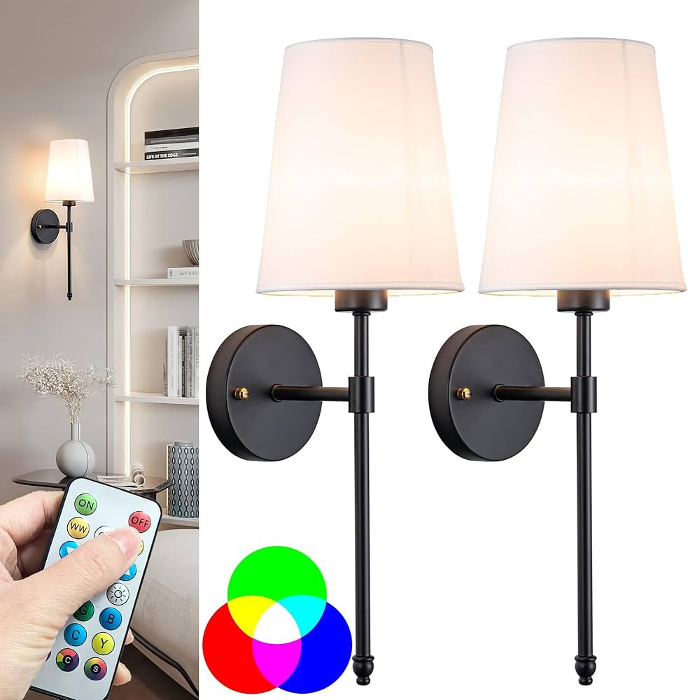 Battery Operated Wall Sconce Light with Remote Control, Dimmable Wall Sconce Set of 2 with White ... | Amazon (US)