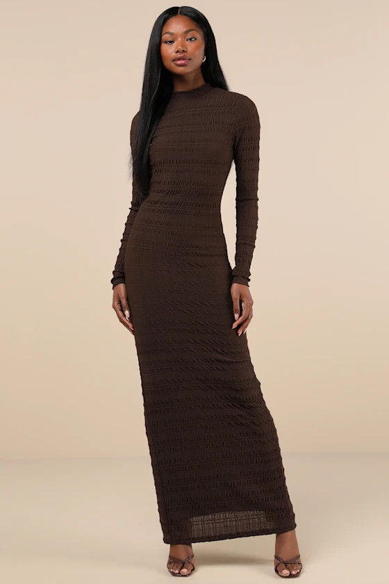 Trendsetting Design Brown Textured Long Sleeve Maxi Dress | Lulus