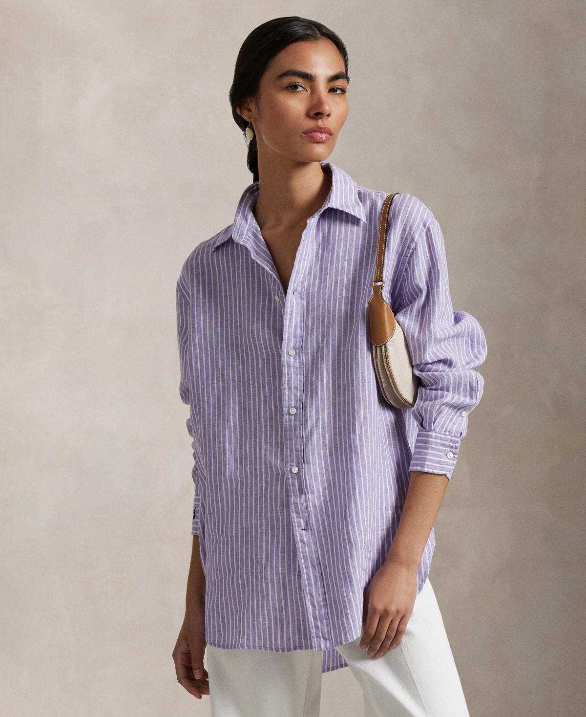 Polo Ralph Lauren Women's Classic-Fit Striped 100% Linen Shirt - Purple/White | Macy's