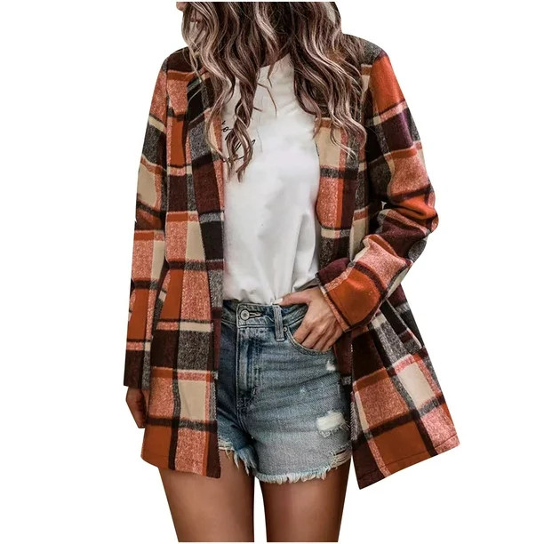 Women's Plaid Shacket Jacket Casual Flannel Long Sleeve Outwear Lapel Open Front Trench Coats wit... | Walmart (US)