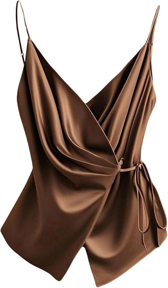 SOLY HUX Women's Sleeveless Satin Camisole Wrap V Neck Tie Side Summer Elegant Cami Tops | Amazon (US)