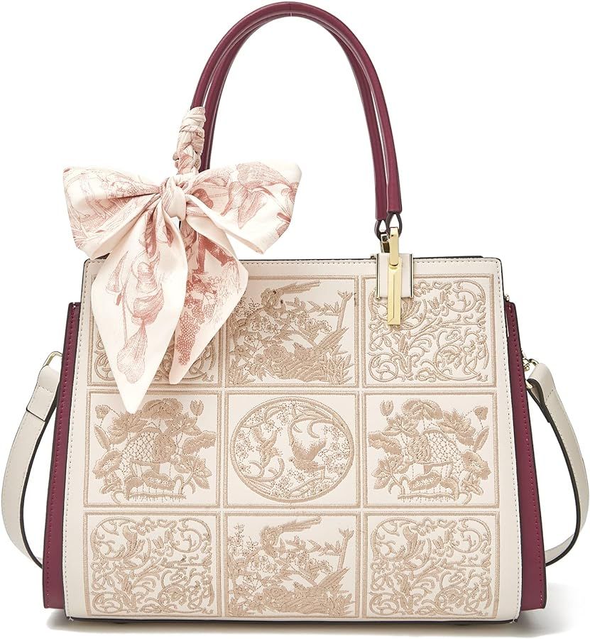LAORENTOU Cow Leather Tote Handbag for Women Vintage Shoulder Bag Top Handle Purse with Embroider... | Amazon (US)