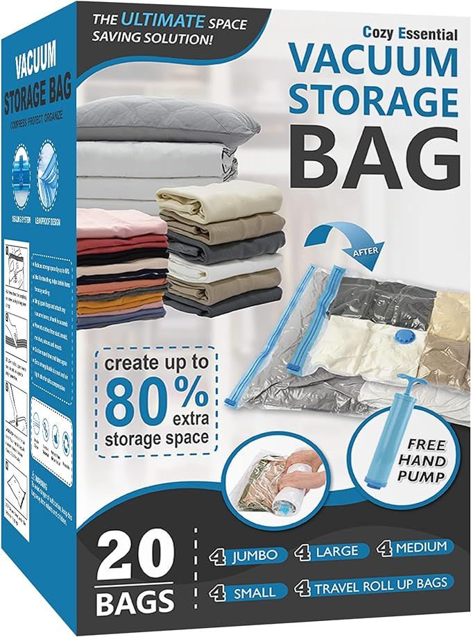 20 Pack Vacuum Storage Bags, Space Saver Bags (4 Jumbo/4 Large/4 Medium/4 Small/4 Roll) Compressi... | Amazon (US)