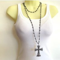 Beaded Cross Pendant Necklace - Double Strand Black Rosary Style Chain | Etsy (US)