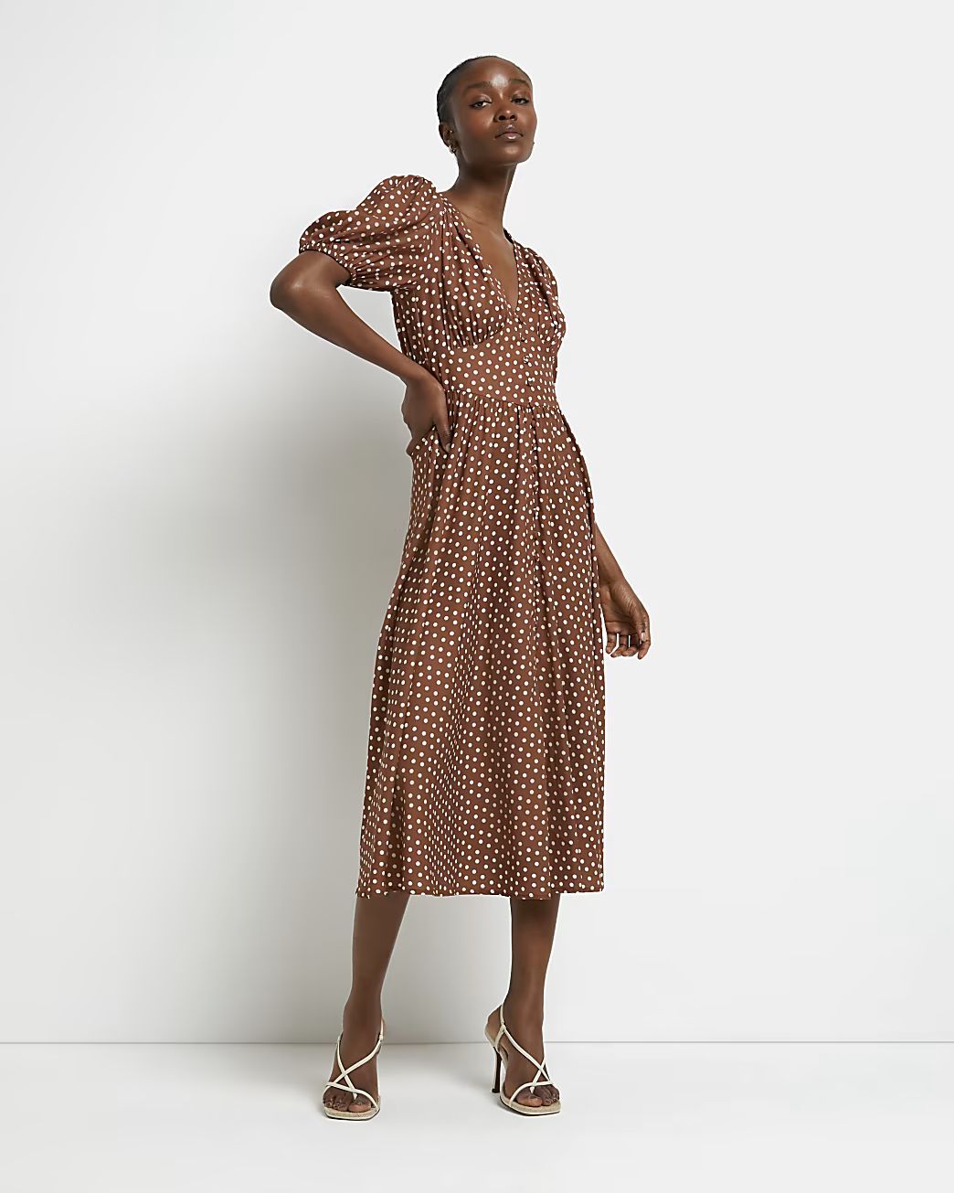 Brown polka dot midi shirt dress | River Island (US)