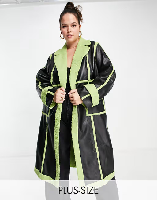 Extro & Vert Plus PU paneled coat with lime green teddy trim | ASOS (Global)