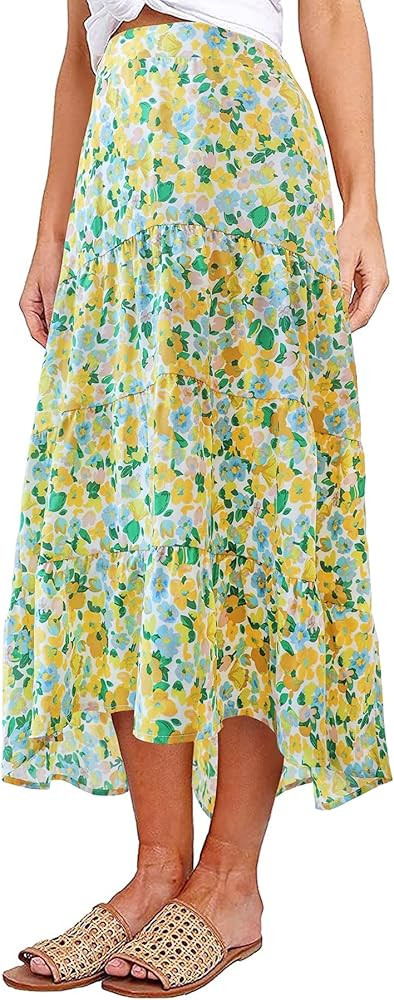 Amazon.com: PRETTYGARDEN Ditzy Floral Skirt Midi Boho Elastic High Waist Skirt A-line Long Vintag... | Amazon (US)