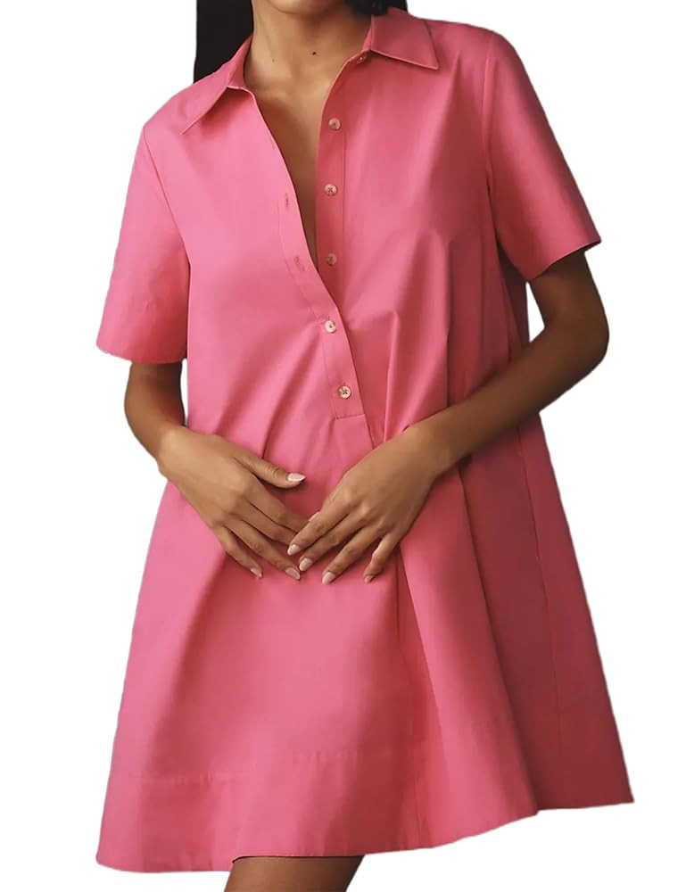 Short Sleeve Swing Tunic Mini Dress for Women Button Up Shirt Blouse Short Dress Summer Casual Fl... | Amazon (US)