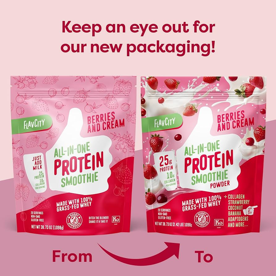 FlavCity Protein Powder Smoothie, Berries & Cream - 100% Grass-Fed Whey with Collagen (25g of Pro... | Amazon (US)