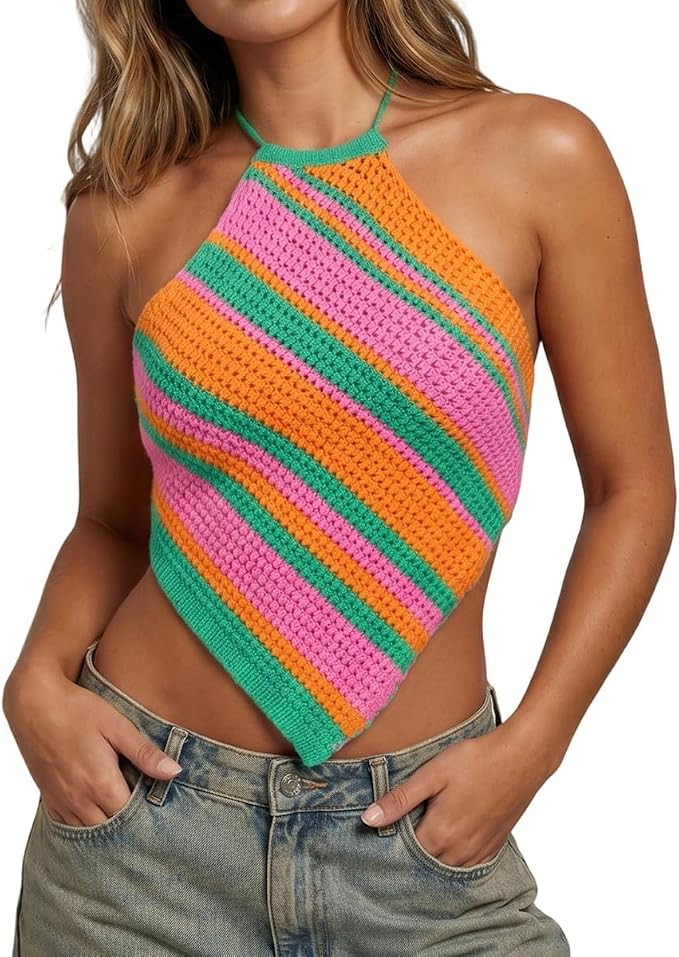 SOLILOQUY Women Y2K Striped Crochet Halter Top Backless Tie Back Tank Top | Coquette Vintage Tria... | Amazon (US)