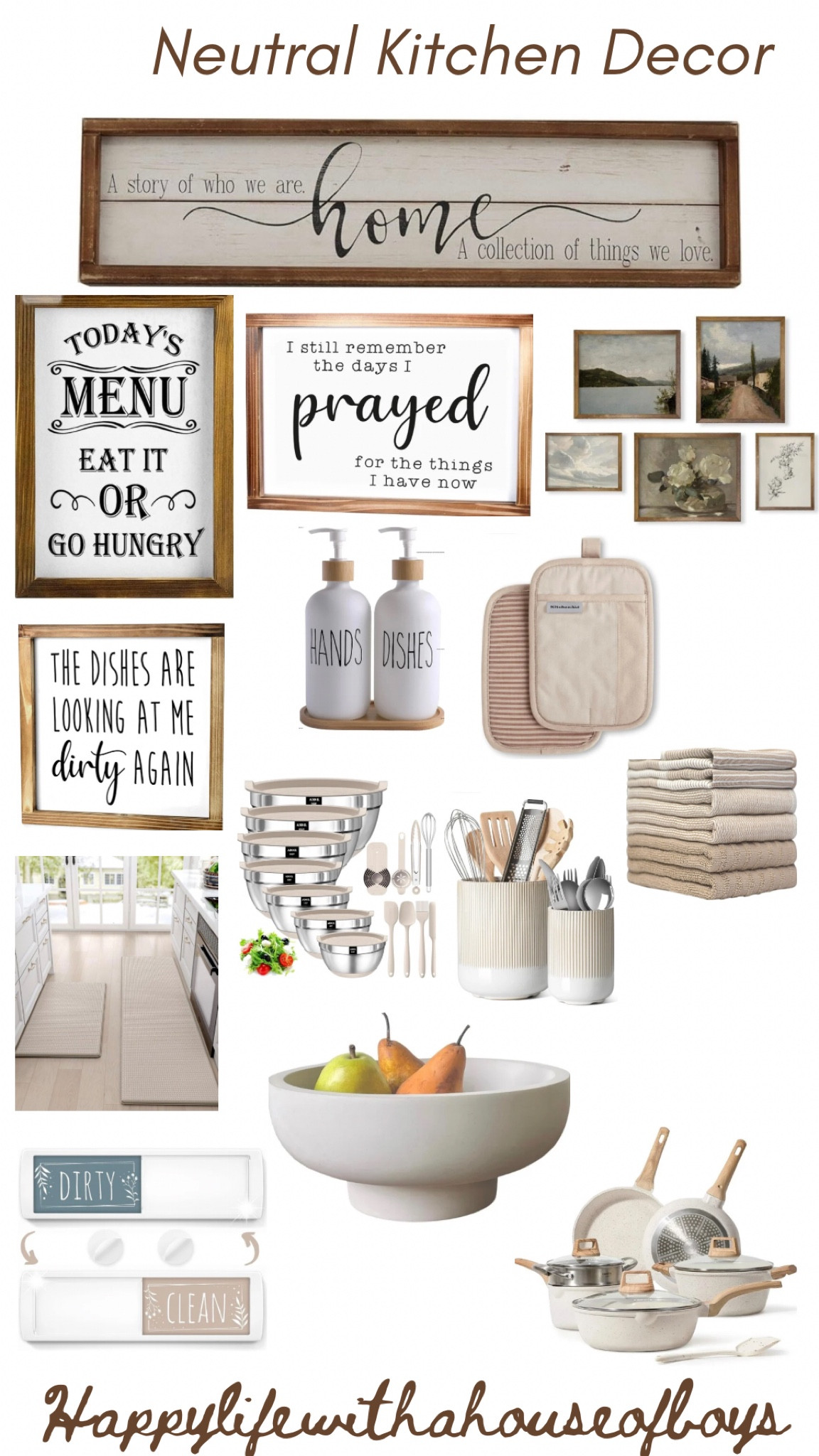 #neutral #kitchendecor #light #brightenkitchen #farmhouse #neutalcolors #tans #browns #white #pots #pans #utensils #soapdispensers #hotpads #floormats #signs #pictures #kitchenbowls #walldecor #wallart 

#LTKstyletip #LTKhome #LTKfindsunder50