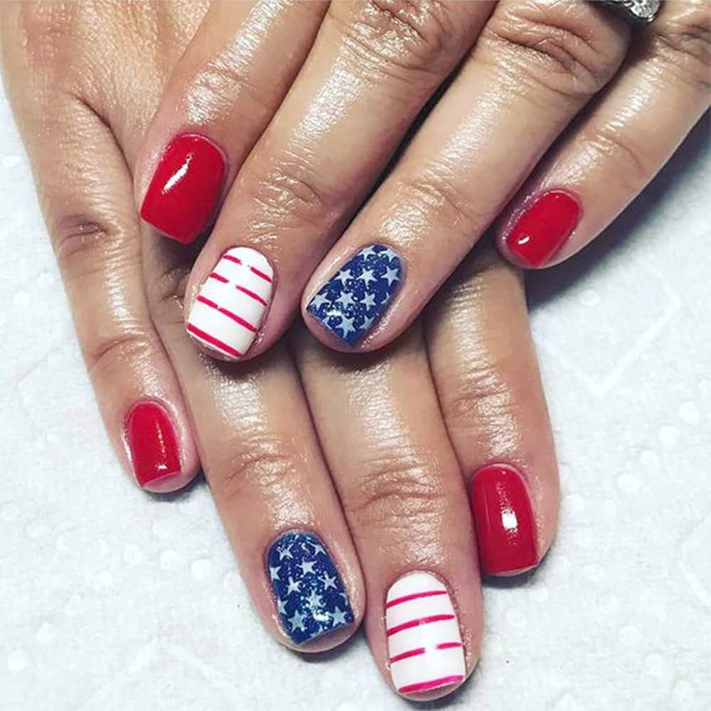 24Pcs Independence Day Press on Nails Short Star Fake Nails 4th of July False Nails American Flag... | Amazon (US)