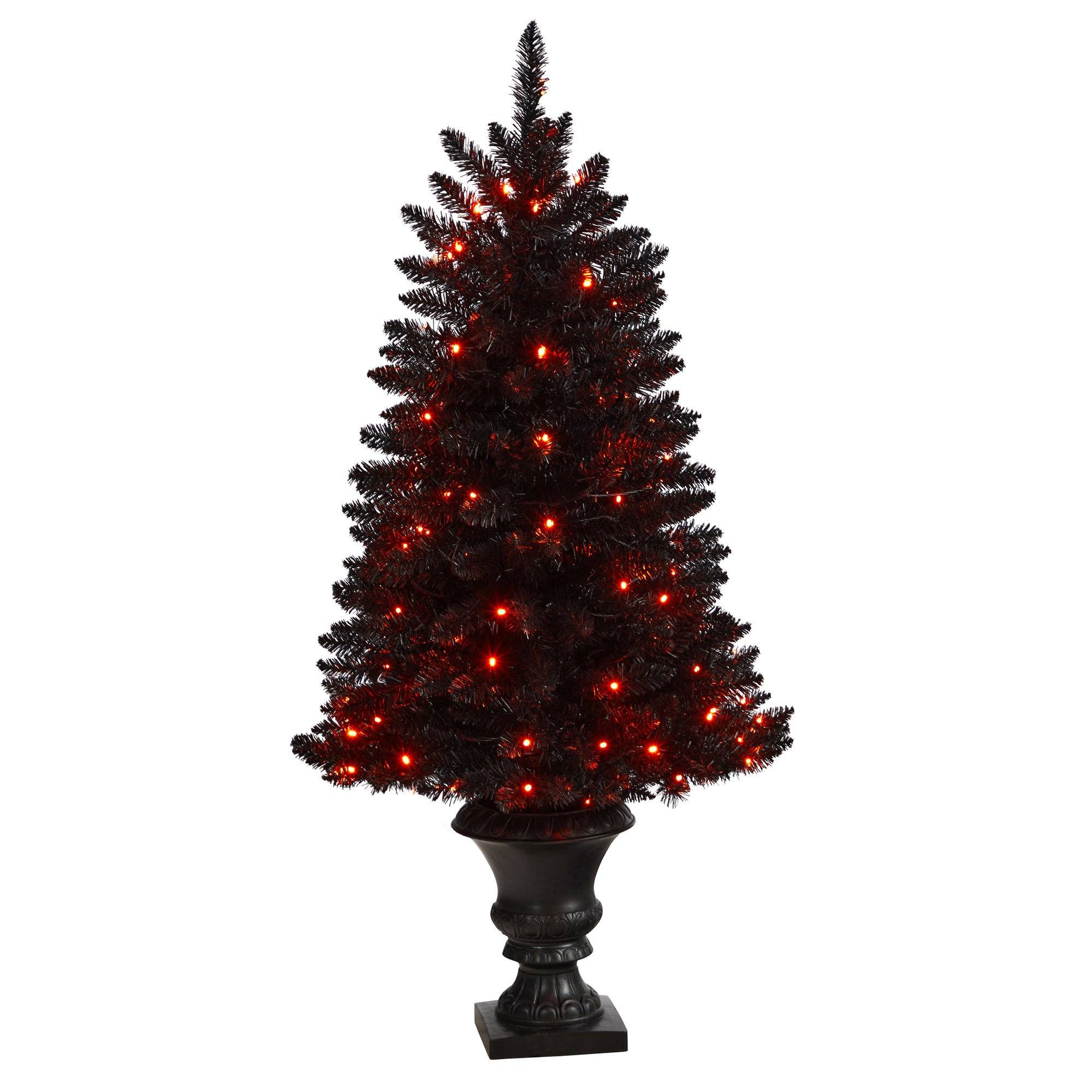 4’ Black Halloween Artificial Christmas Tree in Urn with 100 Orange LED Lights | Nearly Natural | Nearly Natural