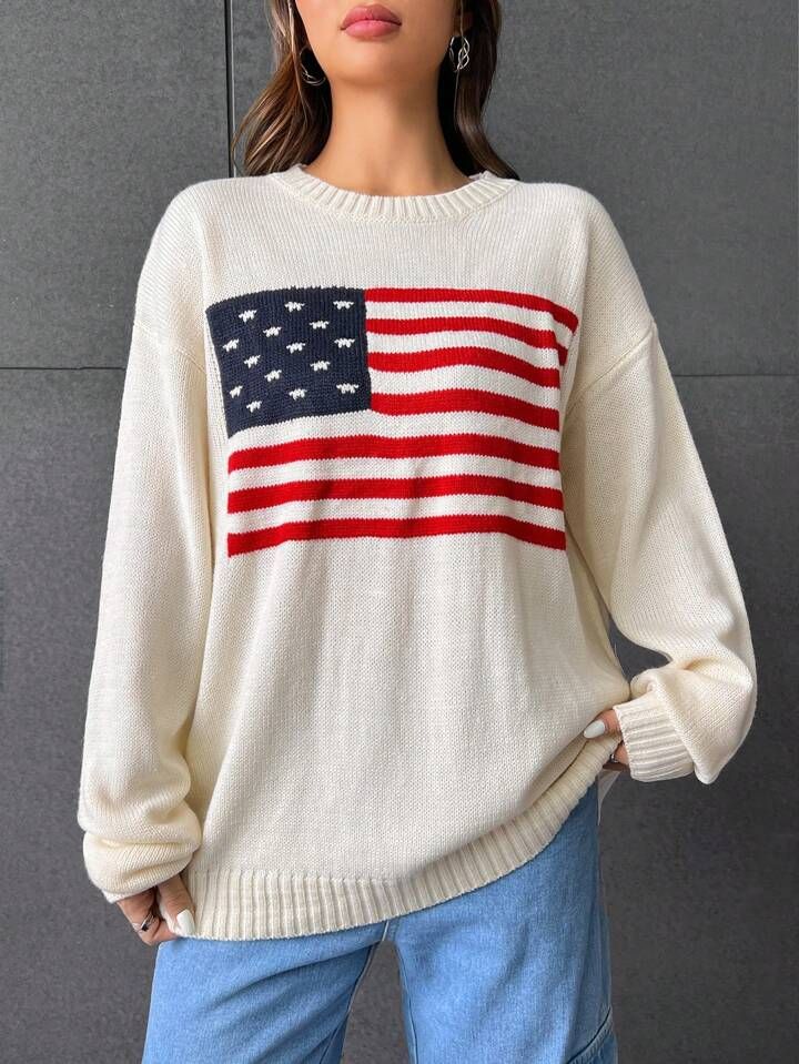 SHEIN EZwear American Flag Pattern Drop Shoulder Sweater | SHEIN