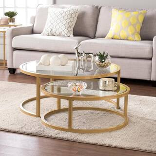 Narita 36 in. Gold Medium Round Glass Coffee Table with Nesting Tables | The Home Depot