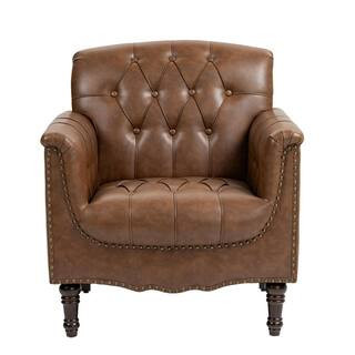 Mid-Century Brown Faux Leather Button Tufted Accent Arm Chair with Wood Legs (Set of 1) | The Home Depot