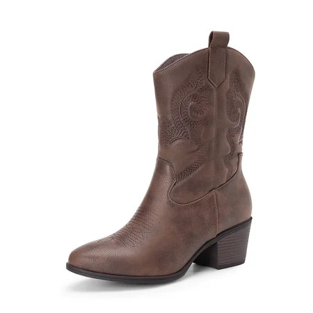 DREAM PAIRS Cowboy Boots for Women, Mid Calf Cowgirl Boots with Embroidery Round Toe Western Chunky Low Heel Shoes | Walmart (US)