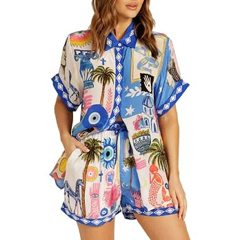 Women's Summer 2 Piece Shorts Set Button Down Short Sleeve Shirt Drawstring Shorts Beach Casual T... | Amazon (US)