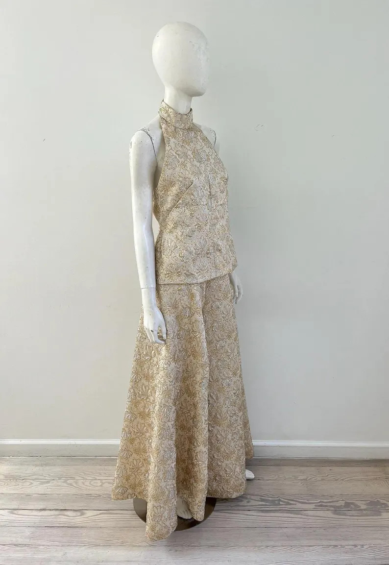 Vintage 70s Custom Beige/Gold/ Silver Halter and Pant set | Etsy (Global)