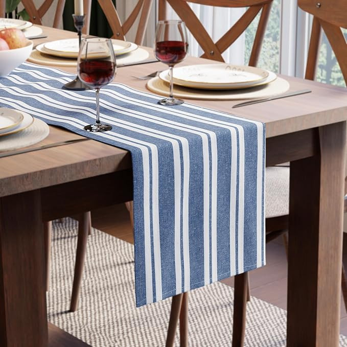 Encasa XO Cotton Dining Table Runner | Franca Blue Stripes | Size 13x59 in - Machine Washable & D... | Amazon (UK)