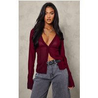 Tall Burgundy Mesh Button Front Blouse | PrettyLittleThing US