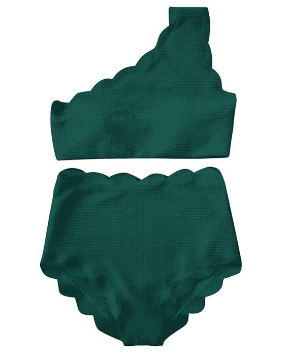 High Waisted Swimsuit Two Piece Bikini Set Scalloped Vintage Women Off Shoulder Elastic Swimwear | Amazon (US)