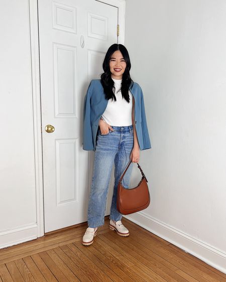 Light blue blazer (2P)
White mockneck top (XS)
White tank
High waisted straight jeans (4P)
Brown bag
White loafers (TTS)
White chunky loafers
Smart casual outfit
Spring outfit
Spring work outfit
Ann Taylor outfit

#LTKsalealert #LTKworkwear #LTKfindsunder100