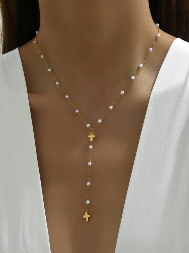 1pc Simple & Stylish Y-Shaped Diy Cut Faux Pearl Cross Pendant Necklace For Women | SHEIN