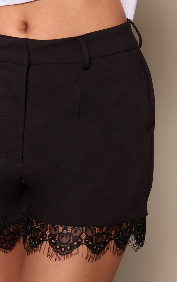 Black Brushed Woven Lace Detail Shorts | PrettyLittleThing US