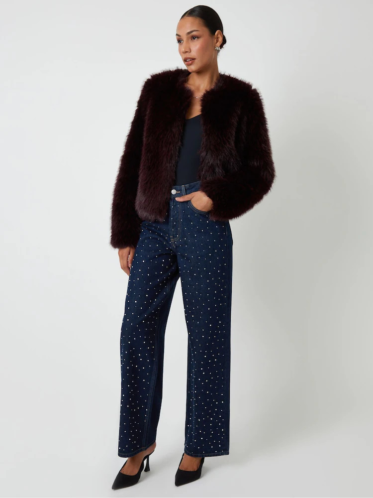 Threadbare Red Collarless Faux Fur Coat | Next US
