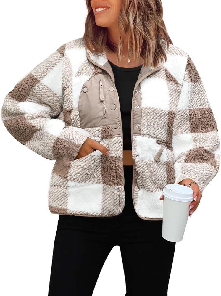 ReachMe Womens Casual Lapel Long Sleeve Sherpa Jacket Button Down Fuzzy Fleece Coat Winter Y2K Ou... | Amazon (US)