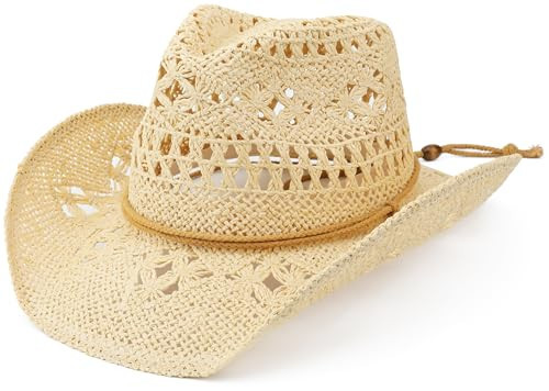 Melesh Straw Cowboy Hat for Women and Men with Shapeable Wide Brim Sun Beach Western Cowgirl Hat (US, Alpha, One Size, Beige) | Amazon (US)