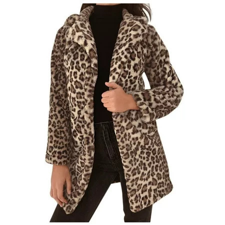 Women coat Women s Leopard -Fur Imitation Lapel Long Sleeve Coat Outwear Coat Jacket | Walmart (US)