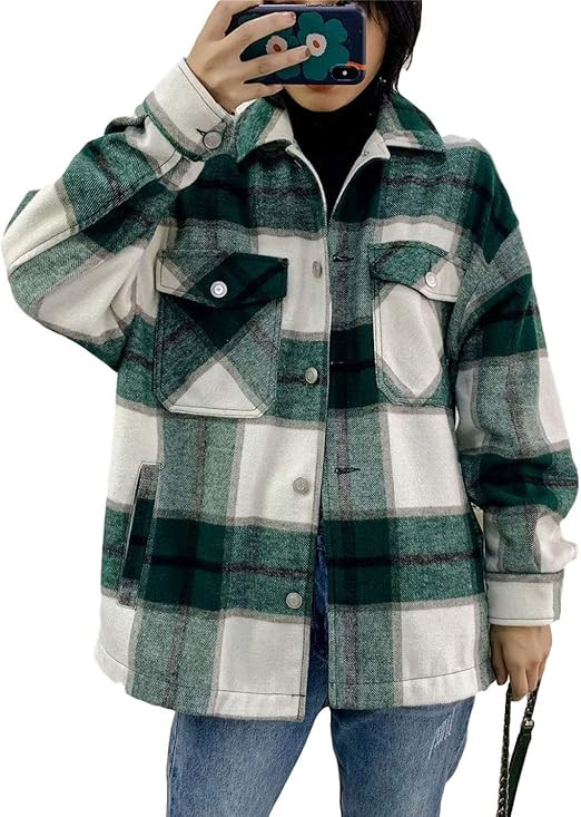 Tanming Womens Brushed Flannel Plaid Lapel Button Short Pocketed Shacket Shirts Coats | Amazon (US)