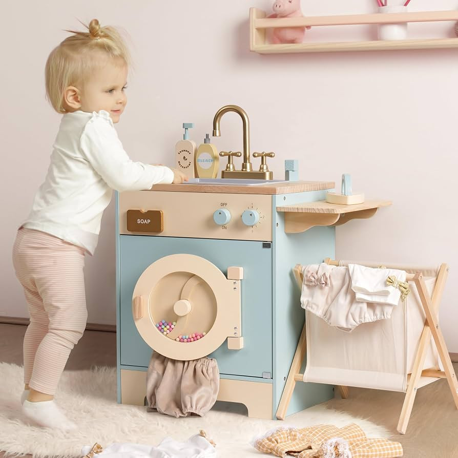 ROBUD Wooden Laundry Playset, Washer and Dryer Set for Kids, Realistic Pretend Play Washing Machi... | Amazon (US)