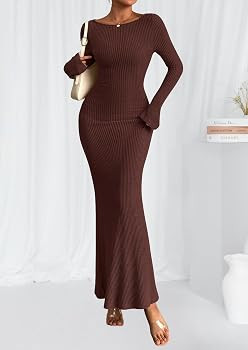 PRETTYGARDEN Women's Fall Fashion 2026 Long Sleeve Maxi Dress Ribbed Knit Boat Neck Bodycon Casua... | Amazon (US)