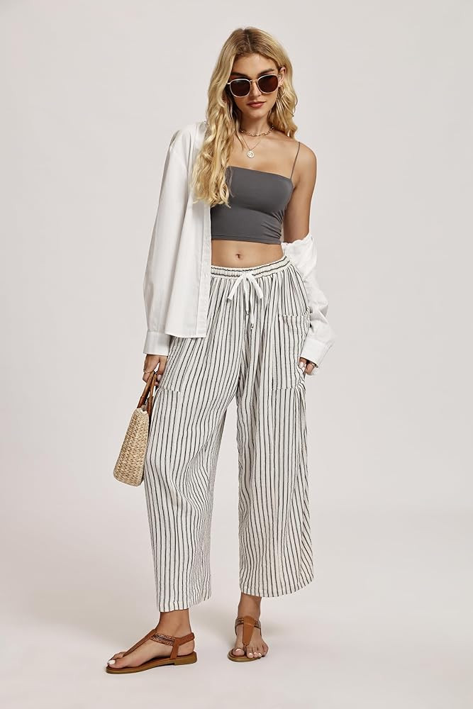LOMON Womens Wide Leg Linen Pants Casual Drawstring Palazzo Harem Pants Summer Loose Beach Travel... | Amazon (US)