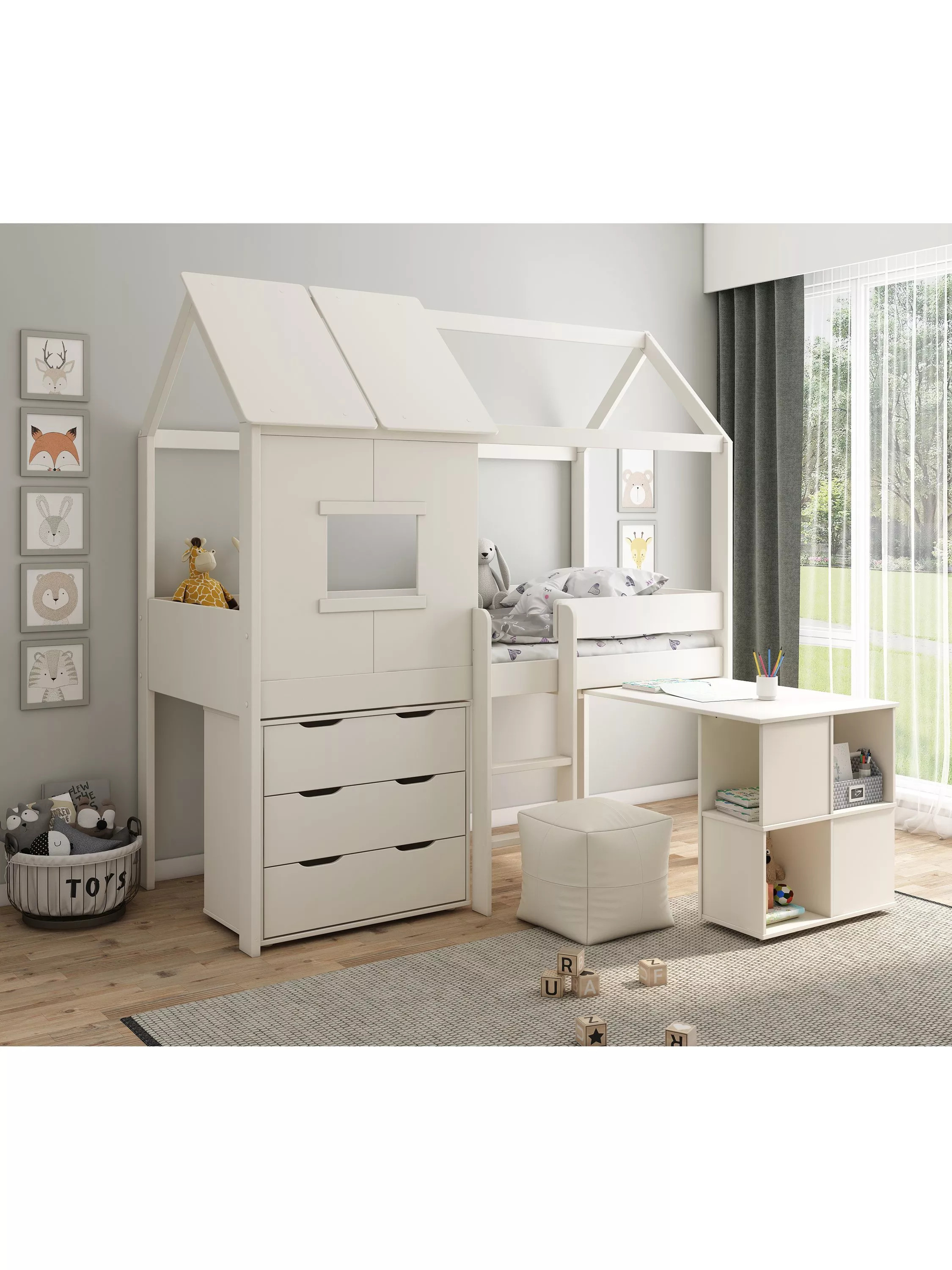 Ordi Midi Playhouse Mid Sleeper Bed with Desk and Chest of Drawers, European Single | John Lewis (UK)