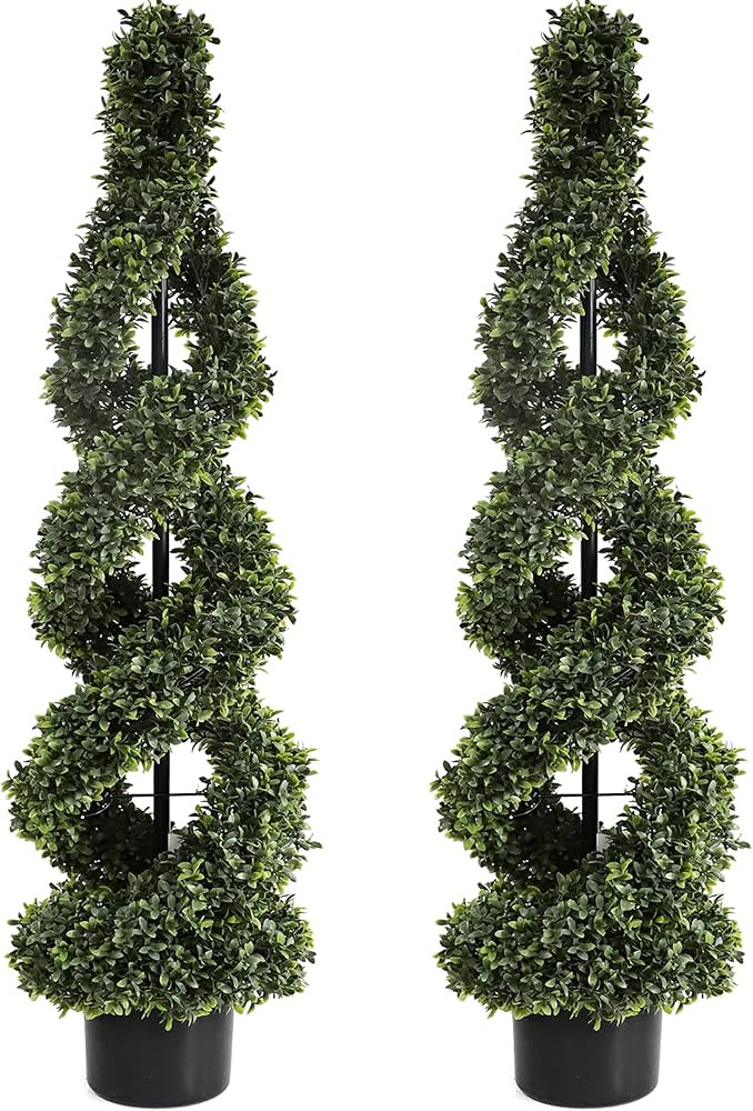 46Inch Double Spiral Artificial Boxwood Topiary Tree 4" Plants Fake Faux Plant Decor in Plastic P... | Amazon (US)