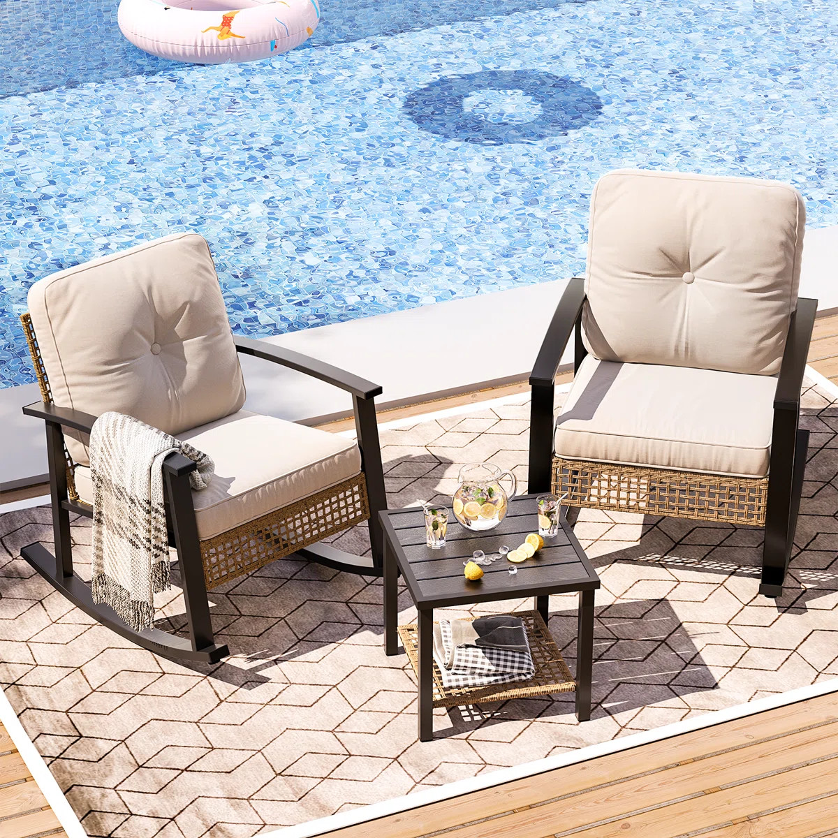 3-Piece Outdoor Wicker Rocking Conversation Set with Cushions | Wayfair North America